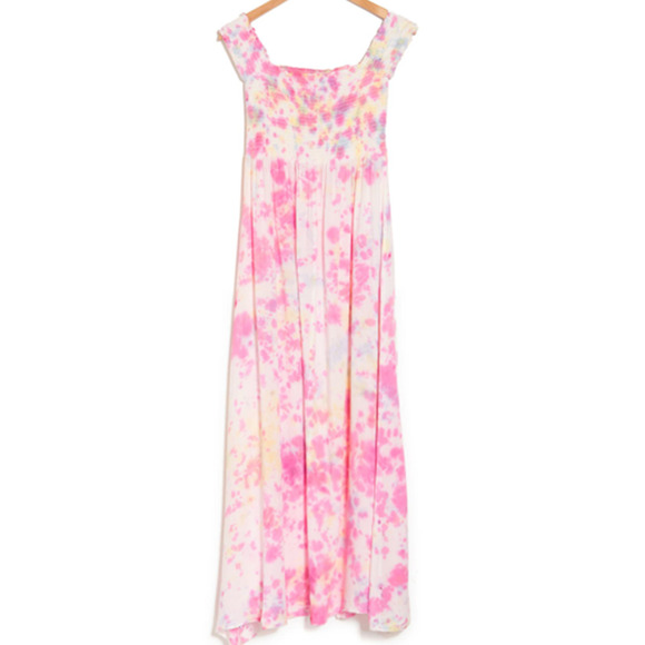 Pink White Tie Dye Smocked Off the Shoulder Area Stars Kaia Dress Size Small - Picture 2 of 13